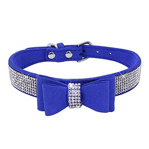 Dogs Kingdom 10"-24" Length Cute Pet Dog Velvet Bow Tie Collar Puppy Cat Full Crystal Rhinestone Necklace Adjustable,Dark Blue,XXS - Image 1