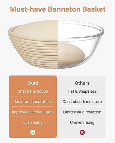 Kootek Banneton Bread Proofing Basket Set of 2, 9 Inch Round Sourdough Starter Kit, Baking Supplies Tools with Dough Whisk, Scoring Lame, and Other Accessories for Artisan Bread Making - Image 2