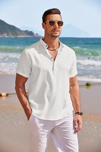 COOFANDY Men's Casual Henley Shirt Band Collar Short Sleeve Shirt Summer Beach Hippie Shirt - Image 3