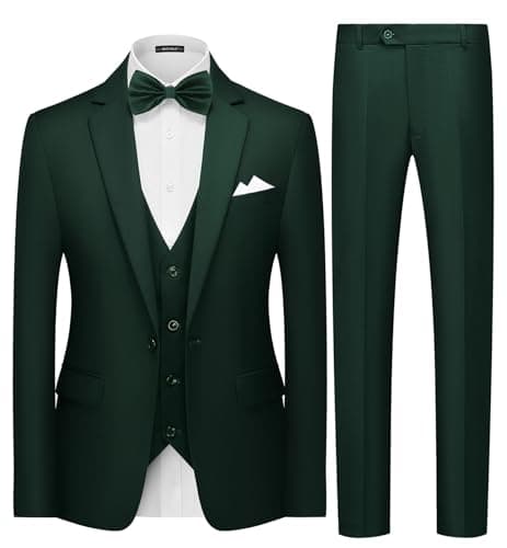 MAGE MALE Mens 3 Piece Suits Slim Fit Tuxedo Suit Set Soild Prom Wedding Suits One Button Blazer Vest Pants Set with Bow Tie Dark Green - Image 1