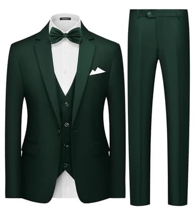 MAGE MALE Mens 3 Piece Suits Slim Fit Tuxedo Suit Set Soild Prom Wedding Suits One Button Blazer Vest Pants Set with Bow Tie Dark Green - Image 1