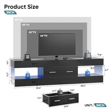 Bestier Black TV Stand for 55/60/65 Inch TV, High Gloss Modern TV Stand with Stone-Patterned Side Panels, LED Entertainment Center with Large Drawer, TV Consoles for Living Room, Bedroom - Image 2