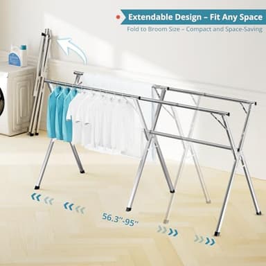 JAUREE 95 Inches Clothes Drying Rack, Drying Rack Clothing Folding Indoor Outdoor, Heavy Duty Stainless Steel Laundry Rack, Foldable Portable Large Clothes Rack Garment Rack with 20 Windproof Hooks - Image 2