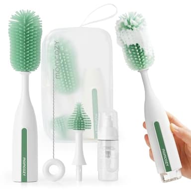 Momcozy Bottle Brush Kit Pro, Innovative Push-Press Design for Deep Cleaning - Bottle Cleaner Brush for Bottle/Breast Pumps/Nipple - Clog-Free Brush & Foam-Generating Design for Better Cleaning, Green - Image 1