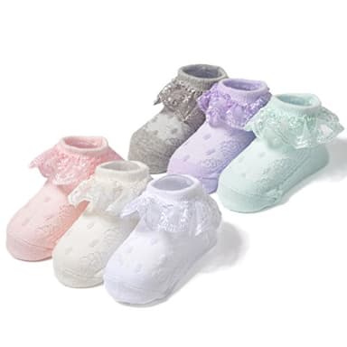 EPEIUS 6 Pair Pack Toddlers Baby-Girls Eyelet Frilly Lace Socks Princess Ankle Socks White/Pink/Ivory/Green/Purple/Grey 12-24 Months,Toddler Shoe Size 5-9 - Image 7