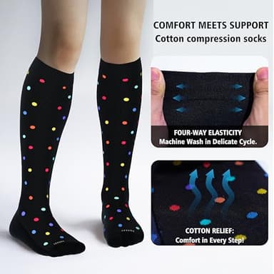 LEVSOX Cotton Compression Socks for Women&Men 20-30 mmHg Knee High Cute Fun Crazy Support Sock for Nurses, Travel and Flight, Pregnancy, 2 Pairs, Black and Navy Blue Polkadot - Image 3