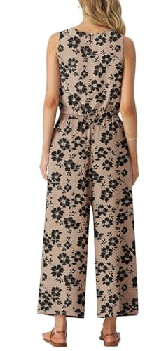 GRECERELLE Two Piece Sets for Women Sleeveless Crop Top Wide Leg Pants Sweat Set for Women 2025 Summer Khaki Black Flower-S - Image 3