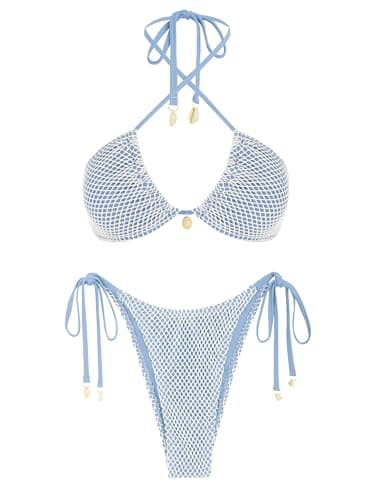 ZAFUL Women's Triangle Bikini Multiway Fishnet Tie Side Bandeau Halter String Bikini Set Two Piece Swimsuit Bathing Suits (1-Light Blue, Small) - Image 1