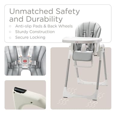 KÜB 3-in-1 Foldable Baby High Chair | Multifunctional Infant High Chairs for Babies and Toddlers | Removable Seat & Tray Easy Clean | 7 Height & 4 Recline Adjustable | 2 Locking Wheels (Grey) - Image 4