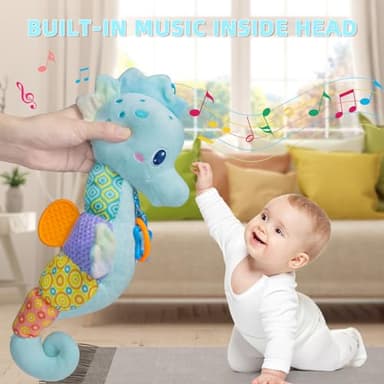 Baby Toys 0-6 Months,Infant Musical Seahorse Stuffed Animals Sensory Toys with Bright Colors,Multiple Textures,Rattles & Crinkle Sound Paper,Soft Tummy Time Toy for Newborn Boys Girls 0-12 Months-Blue - Image 3