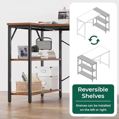 Huuger 47 Inches L Shaped Desk, Computer Desk with Reversible Storage Shelves, for Gaming Corner Home Office Writing Study, Metal Frame, Rustic Brown - Image 4
