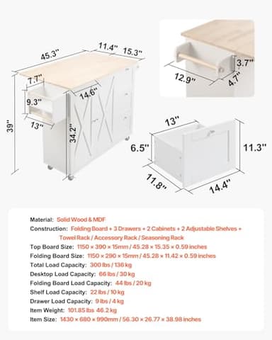 VEVOR Kitchen Island Cart, 45.3x39 inch Rolling Kitchen Table, Mobile Carts with Storage Cabinet and Solid Wood Top, Portable Islands with Wheels, Spice Rack, Towel Rack, Drop Leaf and Drawer, White - Image 7