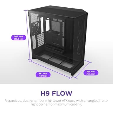 NZXT H9 Flow (2025) – Large Dual-Chamber ATX Mid-Tower Airflow PC Case – Includes 3 x 140mm & 1 x 120mm Fans – 420mm Radiator Support – Tempered Glass – Back-Connect Ready – Black - Image 2