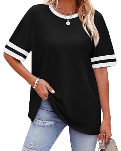 WIHOLL Womens Tops Plus Size Color Block Short Sleeve Black Summer Tops Fashion Oversized T Shirts Resort Wear for Women Spring School Outfits for Teachers Women 2025 2XL - Image 1