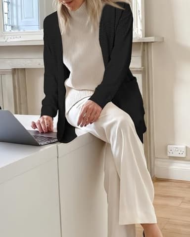 STYLEWORD Women's 2025 Fall Fashion Cardigan Sweater Summer Waffle Lightweight Open Front Knit Casual Long Cardigans Daily Outfits Clothes with Pockets(Black-XXL) - Image 2