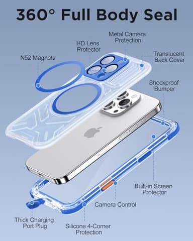 Haireca for iPhone 16 Pro Max Waterproof Case with Magsafe, Built in Camera Control [Screen Protector] [Lanyard], IP68 Military Full Body Shockproof, for Water Sports Outdoor Work, 6.9" Frosted Blue - Image 5