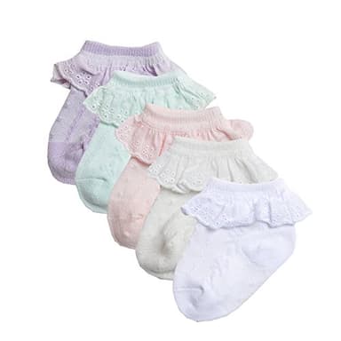 EPEIUS 5 Pack Baby-Girls Eyelet Frilly Lace Socks Newborn Princess Ankle Socks for 0-3 Months,Bow Pattern,White/Ivory/Pink/Purple/Green,Shoe Size 0-1 - Image 6