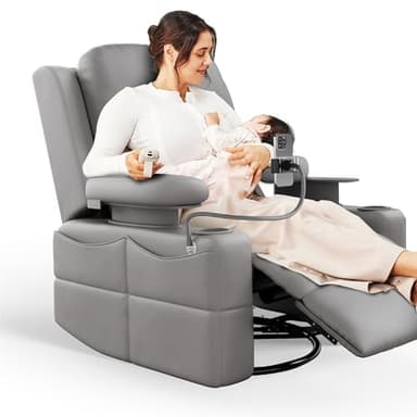 MAMAZING Rocking Chair Nursery with Adjustable Armrests, Electric Glider Recliner Nursing Chair for Breastfeeding, Power Swivel Recliner Chairs with USB Port and Storage, FSC Certified (Haze) - Image 1