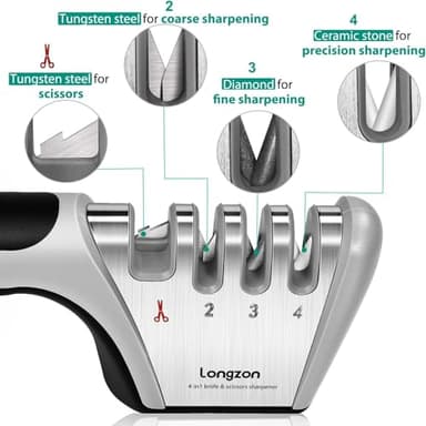 Longzon 4-in-1 Knife Sharpener [4 Stage] with a Pair of Cut-Resistant Glove, Original Premium Polish Blades, Best Kitchen Knife Sharpener Really Works for Fruit Knife and Steel Knives, Scissors - Image 2