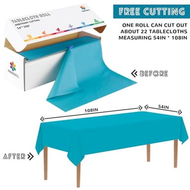 JSQBSECL 54 Inch X 200 Feet Plastic Table Cover Roll with Convenient Slide Cutter, Disposable Plastic Table Cloth Roll with Cut-to-Size Design for Weddings, Banquets, Parties (Turquoise) - Image 3