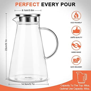 SUSTEAS 2.0 Liter 68oz Glass Pitcher with Lid, Easy Clean Heat Resistant Glass Water Carafe with Handle for Hot/Cold Beverages - Water, Cold Brew, Iced Tea & Juice, With 1 Long-Handled Brush Included - Image 4