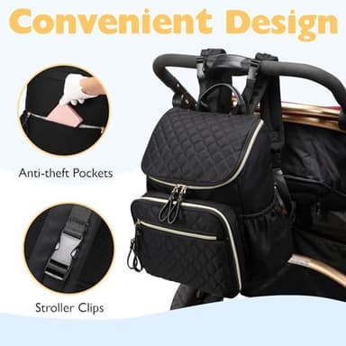 LORADI Large Capacity Diaper Bag Backpack with Stroller Buckle, Water-Resistant Travel Baby Bag with Insulated Pockets (Nylon, Black) - Image 5