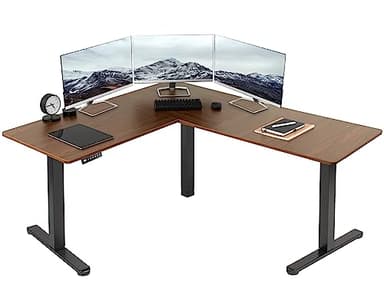 VIVO Electric Corner 63 x 55 inch L-Shaped Standing Desk, Memory Height Adjustment, Dark Walnut Top Black Frame, DESK-E3CTD - Image 1
