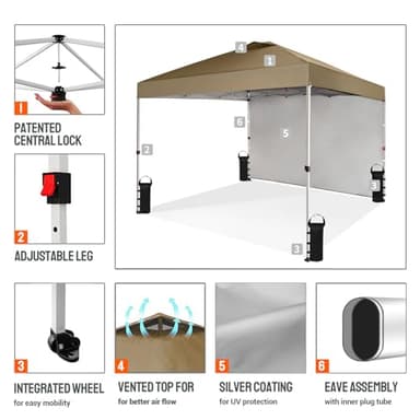 CROWN SHADES 10x10 Pop Up Canopy with 1 Side Wall - Beach Tent with One Push Setup - Outdoor Sun Shade for Events, Parties, Camping - Gazebo with STO-N-Go Cover Bag (Beige) - Image 3