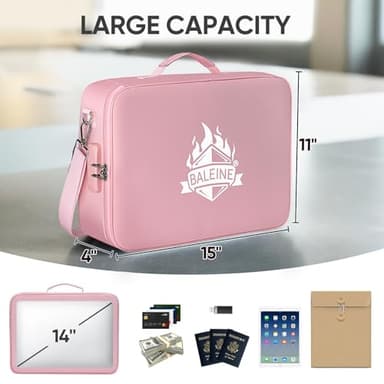 BALEINE Fireproof Document Box with Lock, Portable Fireproof Document Bag Waterproof Fire Proof File Boxes for Documents, File Organizer Box for Important Paperwork (Pink, 15''x11''x4'') - Image 3