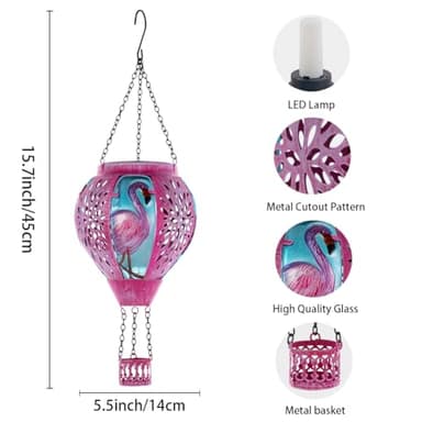 Starsoul Pink Hot Air Balloon Solar Lantern Flamingo Metal & Glass Solar Hot Air Balloon Hanging Garden Light Waterproof Outdoor Lantern for Patio Yard Party Decor - Image 5