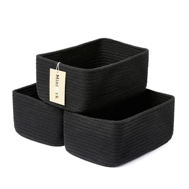 MiniArk Small Storage Baskets for Organizing | Closet Organizer Bins | Shelf Toy Basket | Woven Rope Baskets | Cube Decorative Box | Shallow Basket | 11.5x7.5x4.7” | 3 Packs Black - Image 1