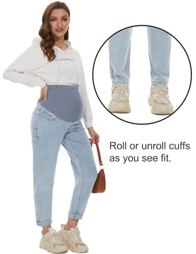 POSHGLAM Women's Maternity Jeans Over Belly Comfy Stretch 28'' Boyfriend Jeans Loose Pregnancy Pants(Light Blue, Medium) - Image 3