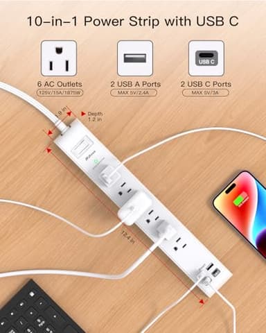 2 Pack Power Strip, 12FT Long Extension Cord, Surge Protector with 6 Outlets and 4 USB Charging Ports(2 USB C), Flat Plug Overload Protection, Wall Mount for Home Office Dorm College - Image 3