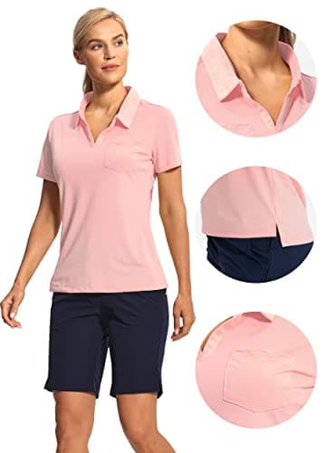 Hiverlay Women's Golf Polo Shirts V Neck Short Sleeve Collared Shirt for Work Casual with Pocket Tennis Tops Quick Dry Pink S - Image 2