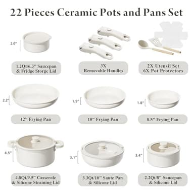 Bazova 22-Piece Pots and Pans Set Non Stick with Removable Handles, Ceramic Cookware Set, Large-Capacity & Non Toxic, Induction & RV Compatible, Dishwasher Safe, PFAS/PTFE/PFOA Free, White - Image 2