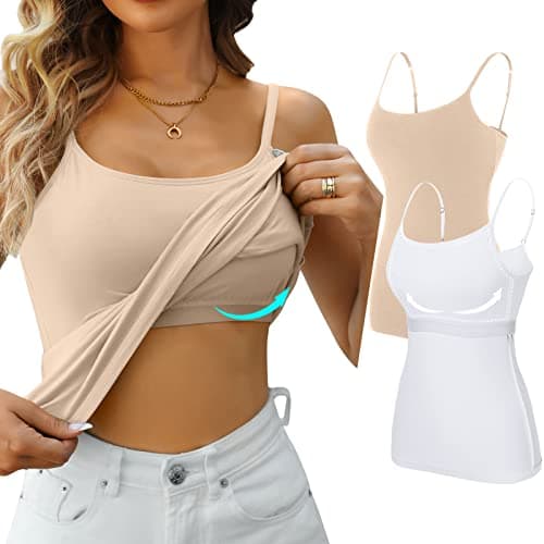 V FOR CITY Shelf Bra Tank Tops for Women Spaghetti Strap Camisole Top Summer Cotton Cami 2 Pack White Apricot Peach XL - Image 1