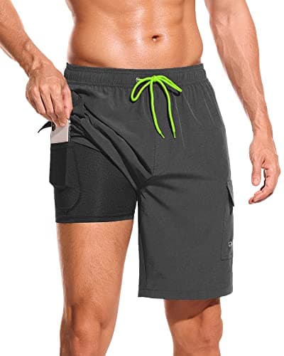SILKWORLD Mens Swimming Trunks Quick Dry Beach Swimwear Shorts 9" Swimsuit with Compression Liner and Cargo Pockets (Dark Grey, X-Large) - Image 1