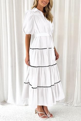 PRETTYGARDEN Women's Summer Button Down Shirt Dress Short Puffy Sleeve Tiered Ruffle Flowy Long Maxi Dresses (White,Medium) - Image 6