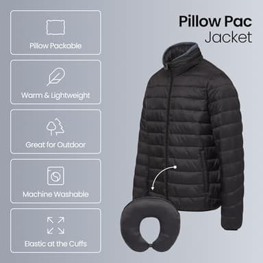 Weatherproof Men's Puffer Jacket, Lightweight Alternative Down Jacket with Packable Travel Neck Pillow, Travel-Ready Winter Jackets for Men, Water & Wind Resistant, Black, Medium - Image 2