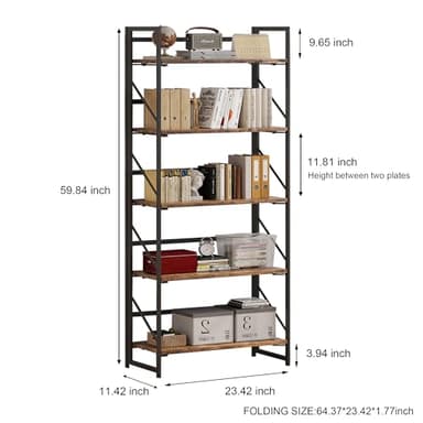 JSB No Assembly Folding Bookshelf, 5 Tier Industrial Metal Book Shelf for Storage, Vintage Wood Foldable Bookcase for Living Room, Bedroom, Office Organization Shelves - Image 3