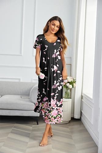 Ekouaer Long Nightgowns for Women Soft House Dress Pleated Front Nightshirt Full Length Loungwear Pink Petals XXXL - Image 4