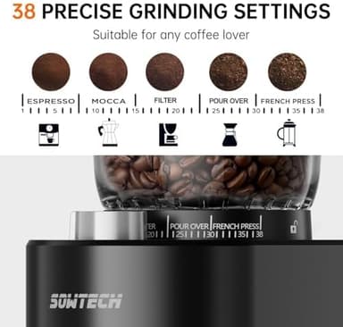 SOWTECH Anti-static Conical Burr Coffee Grinder, Adjustable Electric Mill, 38 Precise Grind Settings, Precision Timer, for Espresso, Drip and French Press, Black - Image 3