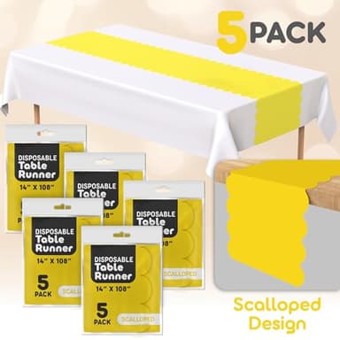 Yellow Plastic Disposable Table Runner. 5 Pack 14 x 108 inch. Scallop Table Runner Adds A Pop of Color To Your Party Table, by Swanoo - Image 2
