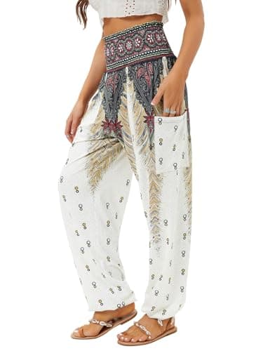 QIANXIZHAN Women's Harem Pants, High Waist Yoga Boho Trousers with Pockets White M - Image 1