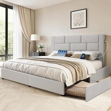 VECELO Queen Upholstered Bed Frame with 4 Storage Drawers, with Type A & C USB Charging Station and Velvet Headboard, No Box Spring Needed, Easy to Assemble, Light Gray - Image 2