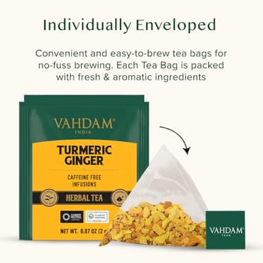 VAHDAM, Turmeric Ginger Herbal Tea Bags (30 Pyramid Tea Bags) Caffeine Free, Non GMO, Gluten Free | 100% Pure Herbal Blend - Savory & Spicy | Individually Wrapped Pyramid Tea Bags | Direct from Source - Image 4