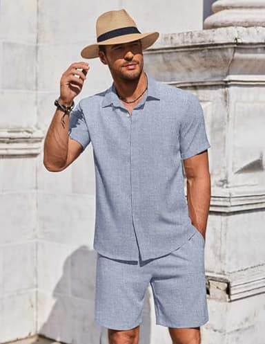 COOFANDY Men's Summer Beach Outfits 2 Piece Short Sleeve Shirts and Shorts Vacation Texture Linen Sets for Men,Blue,M - Image 5