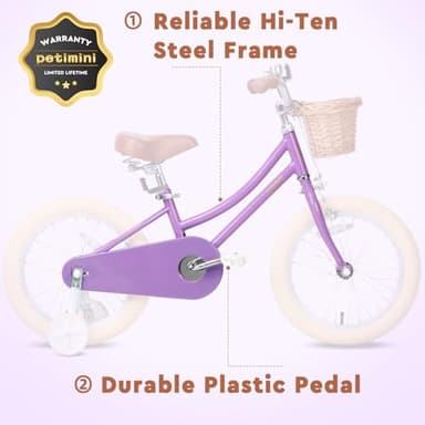 Petimini 16 Inch Little Kids Bike for Age 4 5 6 7 Years Old Girls Retro Vintage Style Bicycles with Basket Training Wheels and Bell, Purple - Image 5