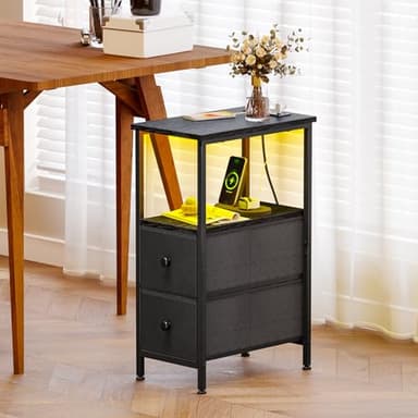 Fixwal Narrow Side Table with Charging Station and LED Light, Skinny Nightstand with 2 Fabric Drawers, Slim End Table for Bedroom, Dorm, Small Space, Black - Image 7