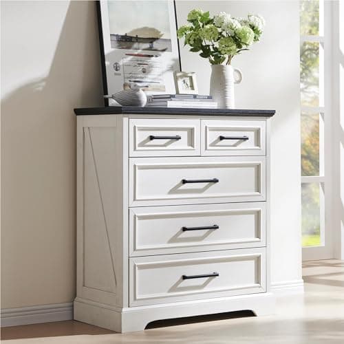 ACCOHOHO Farmhouse 5 Drawer Dresser for Bedroom, 36 Inch Tall Modern Chest of Drawers, Rustic Wood Storgae Organizer with Large Drawers & Bar Handles for Bedroom, Living Room, Hallway, Off White - Image 1